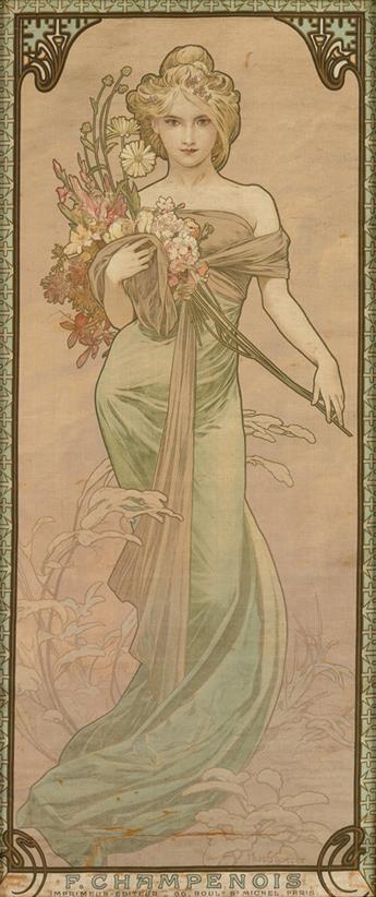 ALPHONSE MUCHA (1860-1939). [THE SEASONS.] Four decorative panels on silk. 1900. Each 26x11 inches, 66x28 cm. F. Champenois, Paris.